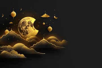 Wall Mural - An emaus of golden moon with clouds and moon, on background black, in the style of traditional craftsmanship, hurufiyya, isometric website, dansaekhwa, festive atmosphere.