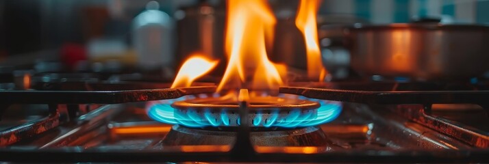 Intense blue flames of propane gas on domestic kitchen stove top with copy space