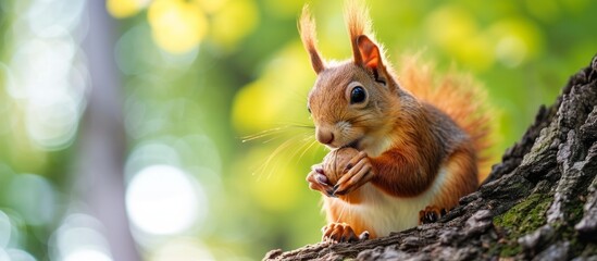 Wall Mural - Adorable squirrel eating in a beautiful tree branch surrounded by green foliage