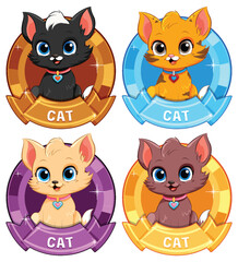 Wall Mural - Four cute animated kittens with colorful badges