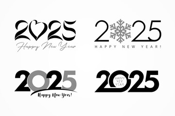 Wall Mural - Big set of 2025 logos, text design with heart, snow and simple symbols. Happy New Year 2025, business concept for calendar cover or greeting card. Vector illustration