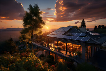 Solar panels on modern house roof in sunset