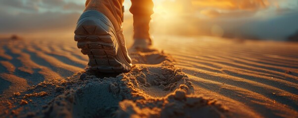 Close-up of a leader s footsteps in the sand, with the double exposure of her corporate journey, reflecting perseverance and trailblazing