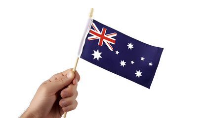 Hand holding flag of Australia cut out on white background, Patriotism National Symbol Identity Country Pride, Generative Ai

