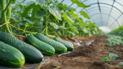 Wall Mural - Green cucumbers growing in a greenhouse, organic agriculture concept with space for text placement.