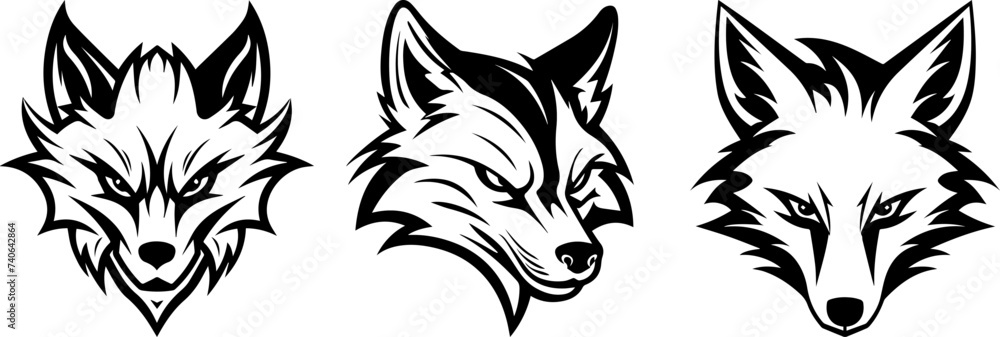 A set of vector illustrations featuring an angry fox head, crafted in a ...