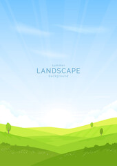 Wall Mural - Summer landscape background. Hills, meadows and fields are covered with green grass, trees and bushes. Blue sky and clouds. Design for poster, background, cover, flyer. Vector illustration.