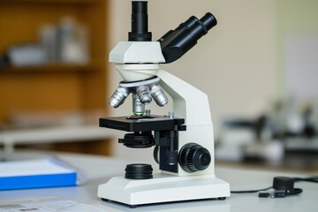 microscope with metal lens at laboratory