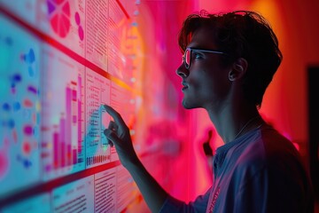 Businessman analyzing data and graphs on futuristic digital screen portrayal of modern technology in business world showcasing professional man engaged in innovative research and communication