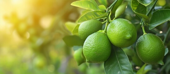 Canvas Print - Fresh green limes hanging from a citrus tree in a sunny orchard