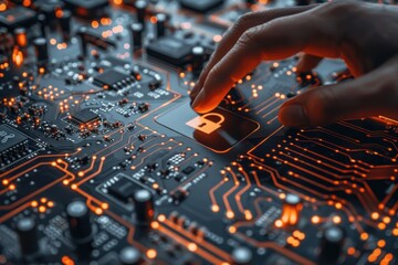 Wall Mural - Finger touching key icon on circuit board symbolizing advanced security in digital technology conceptual representation of cybersecurity and data protection showcasing integration of modern computing