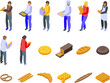 Baker selling bread icons set isometric vector. People shop pastry. Cookie display
