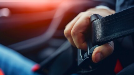 Man fastening a black seat belt with his hand, driver transportation safety and prevention, seat belt buckle before the ride, car interior, cautious male person respecting the rule of the law. 