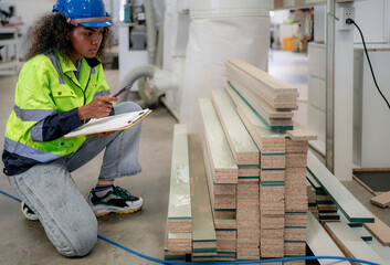 Wall Mural - Skill afro multiracial worker working in wooden furniture small business factory. Young adult woman checking plank quality by checklist in carpentry workshop. Professional woodwork builder occupation