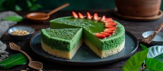 Poster - Delicious green cake topped with fresh strawberries on a white plate