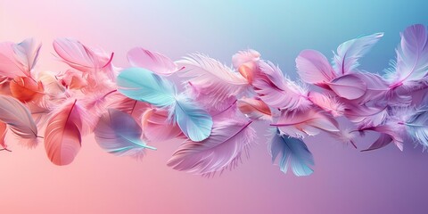 Wall Mural - pastel colored feathers flying, soft pastel pink green blue purple colors