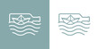 Logo Nautical. Silueta de barco de papel lineal estilo origami en botella con olas de mar