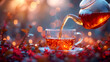 Pouring tea from a teapot into a transparent cup on a sunny morning, creating a serene moment of indulgence and relaxation. Generative Ai

