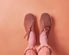 Dusty Pink Knit Sneakers And Socks, Overhead View On Salmon Canvas, Cozy Aesthetic