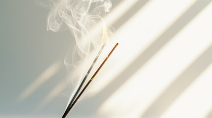 Wall Mural - Aesthetic incense stick with smoke on a light sunny background. Spa meditation concept. Copy space. Generative AI