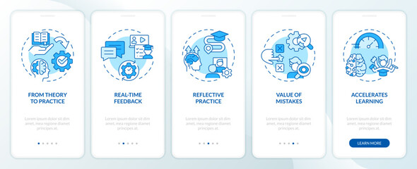 Wall Mural - Learning advantages blue onboarding mobile app screen. Experiences walkthrough 5 steps editable graphic instructions with linear concepts. UI, UX, GUI template. Myriad Pro-Bold, Regular fonts used