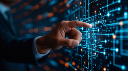 Wall Mural - Businessman touching virtual display to connect digital software of network services. Digital future. Generative AI