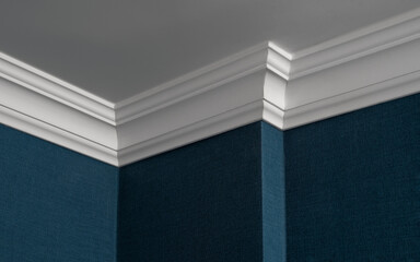 Wall Mural - Close up of ceiling corner, finished with crown molding and wallpaper