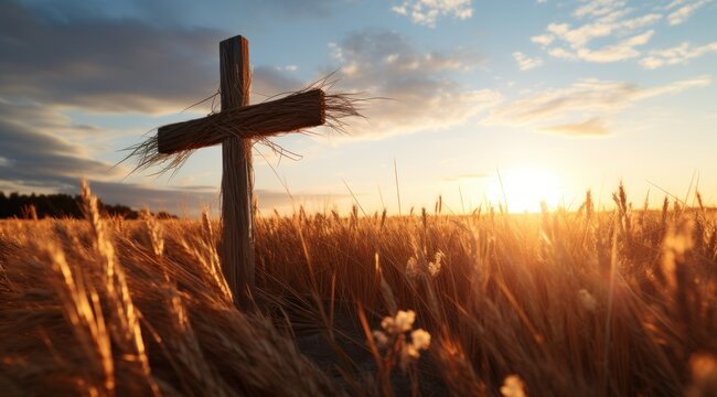 a wooden cross at sunset in the field