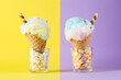 Leinwandbild Motiv Sweet cotton candies in waffle cones and marshmallows on color background, closeup