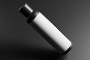 Sticker - cosmetic bottle packaging mockup set featuring a tall, slim, black color plastic bottle with a screw cap.