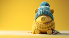 Yellow Piggy Bank With Hat On Empty Yellow Background, Generative Ai - Save Your Pennies With Style And Flair! A Delightful Addition To Your Savings Routine.

