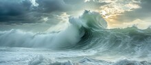 Majestic Powerful Huge Ocean Wave Rolling Under Clear Blue Sky