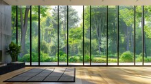 Of Interior Of Modern Home Wall With Tall Windows And Greenery Looking Out Into A Backyard With Trees,