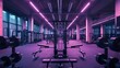 © Nemanja - Wide angle photography of an empty modern gym room interior full of weights, bars and racks. Strong artificial purple lighting illuminating the room, nighttime shadows, no people, nobody.