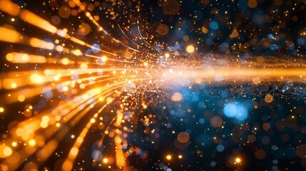 Gold blue neon wave lines on abstract background with bokeh lights   data transfer concept wallpaper