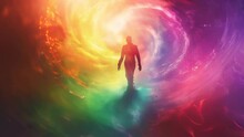 Man Walking On Abstract Rainbow Background. 3D Rendering, 3D Illustration.