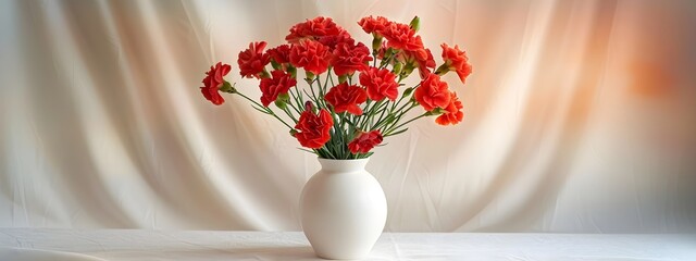 Wall Mural - Red carnations in white vase on white background