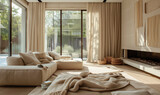 Fototapeta  - jasny nowoczesny salon, wnętrze w minimalistycznym stylu, duże okna miękkie meble wypoczynkowe w beżowych kolorach przyjemne koce i poduszki, kominek