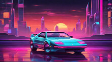 3d Illustration Retro Car And Background Neon Retro Wave 80s Style, City Night Colorful Vibrant