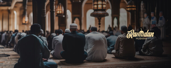 Canvas Print - Muslim men in white clothing performing prayers in a mosque, Fictional characters created by Generative AI. 