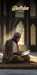 Canvas Print - A Man Reading a Book in a Mosque, Fictional character created by Generative AI. 