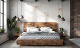 Fototapeta  - Drewniane łóżko na tle pustej białej ściany z miejscem do kopiowania. Skandynawska stylistyka, nowoczesna sypialnia 