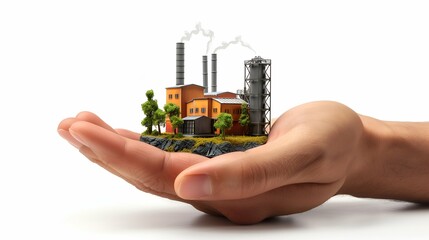 Wall Mural - Conceptual image of industrial plant in human hand isolated on white background