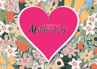 Wall Mural - Mother's day greeting card,Beautiful blossom flowers frame on white heart paper cut on pink background,Vector illustration backdrop of cute blooming flora frame, Flat design of Beautiful botanical