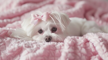 Sticker - a dog laying at pink blanket with pink bow on her head