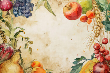 Wall Mural - Juicy, Fresh and Vibrant Watercolor Illustration of a Healthy Food Frame with Colorful Fruits: Apple, Orange, Pear, Peach, Lemon, Plum, Banana, Pomegranate, Cherry, Strawberry, Mandarin, Grape, and