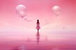 Fantasy scene with futuristic human character , Beautiful girl on a pink fantasy landscape 