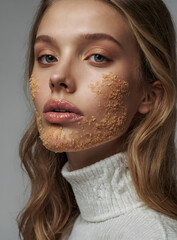 Girl Face Covered with Scrub Skincare Orange Cosmetics Beauty Unique Aesthetic Textured Exfoliating