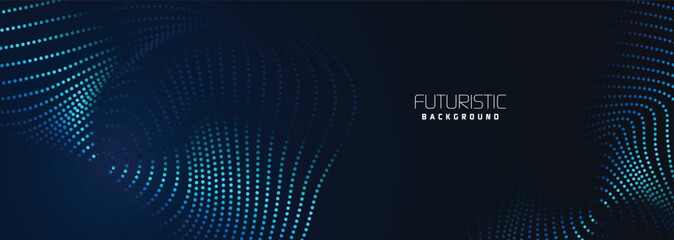 background in futuristic data technology. Halftone waves with dots. flowing dots on a dark blue backdrop. Particles of digital waves in abstraction. Background for an abstract halftone illustration