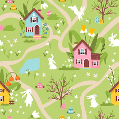 Wall Mural - Cute Easter Egg hunt design for children, hand drawn with cute bunnies, eggs and decorations - great for party invitations, banners, wallpapers - vector